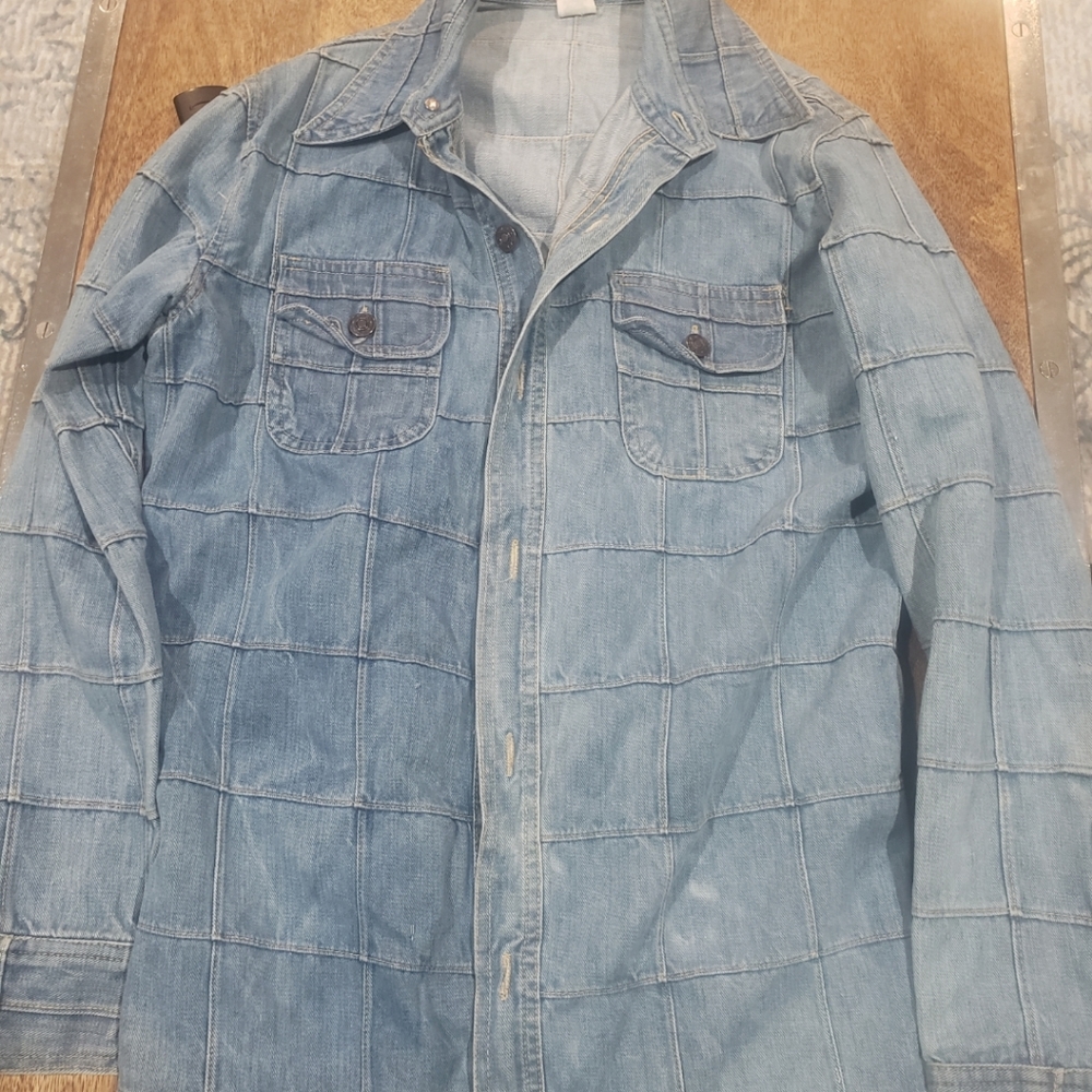 Vintage OnTime 1980s womens denim patchwork  windowpane shirt, Size Large.
